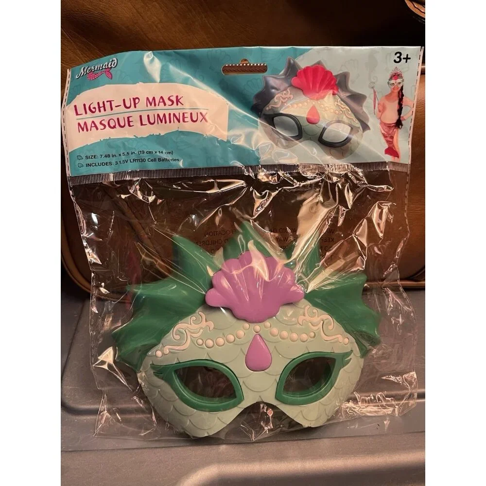 Mermaid Green Light Up Mask Halloween Costume Or Play Dress Up Girls Plastic 7”